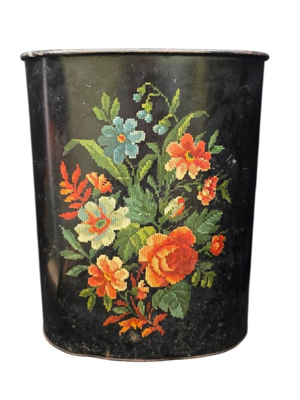 RARE Vintage Harvell MCM Metal Wastebasket Faux NEEDLEPOINT Floral Cottagecore